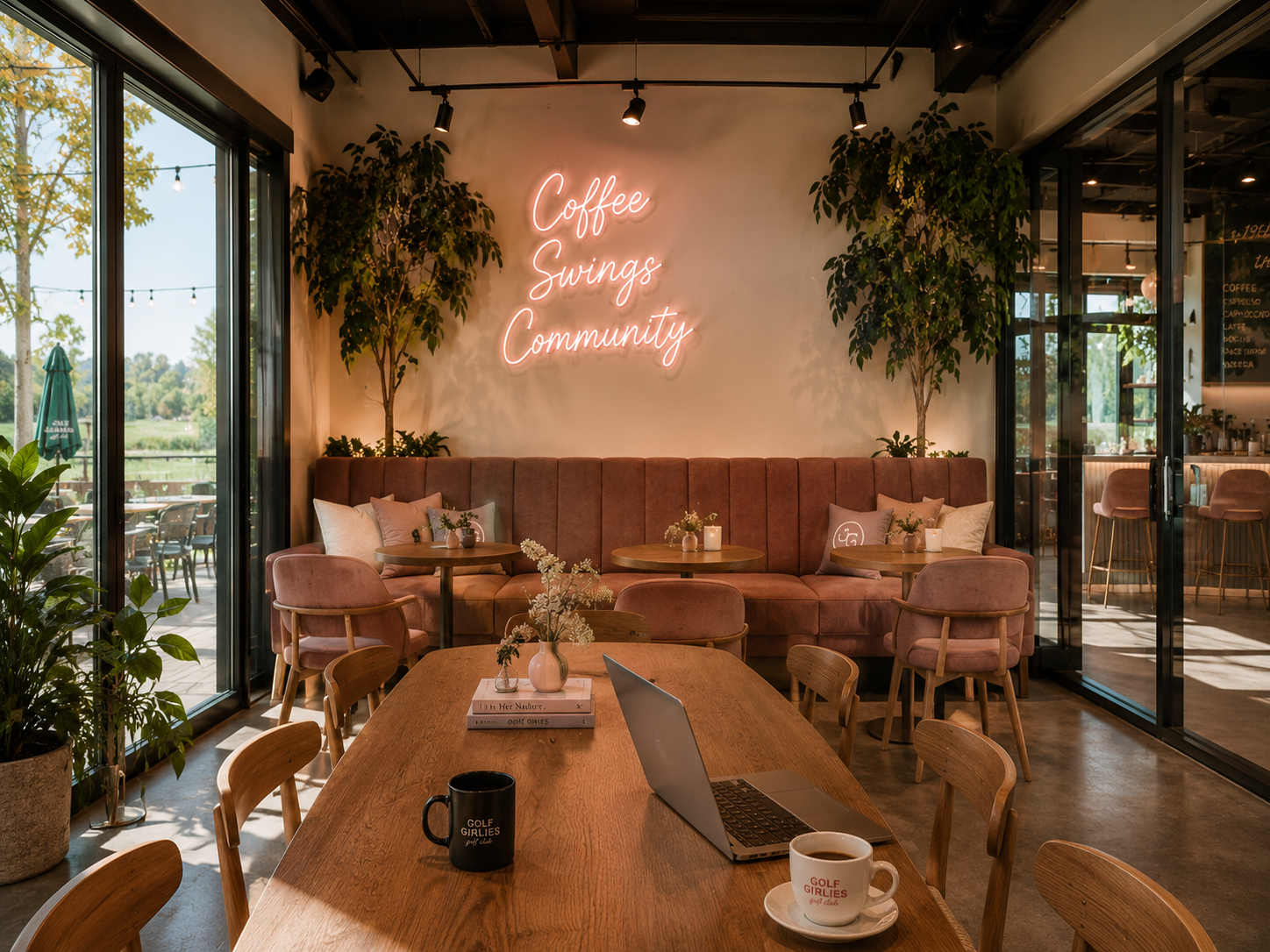 Golf Girlies coffee bar and lounge space with Coffee Swings Community neon sign